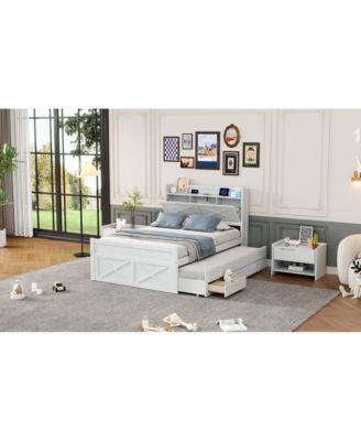 Full Size Wooden Storage Bed with Twin Trundle and Outlets