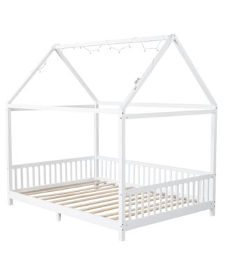 Streamdale Wood Full Size House Bed with Guardrail and LED, White