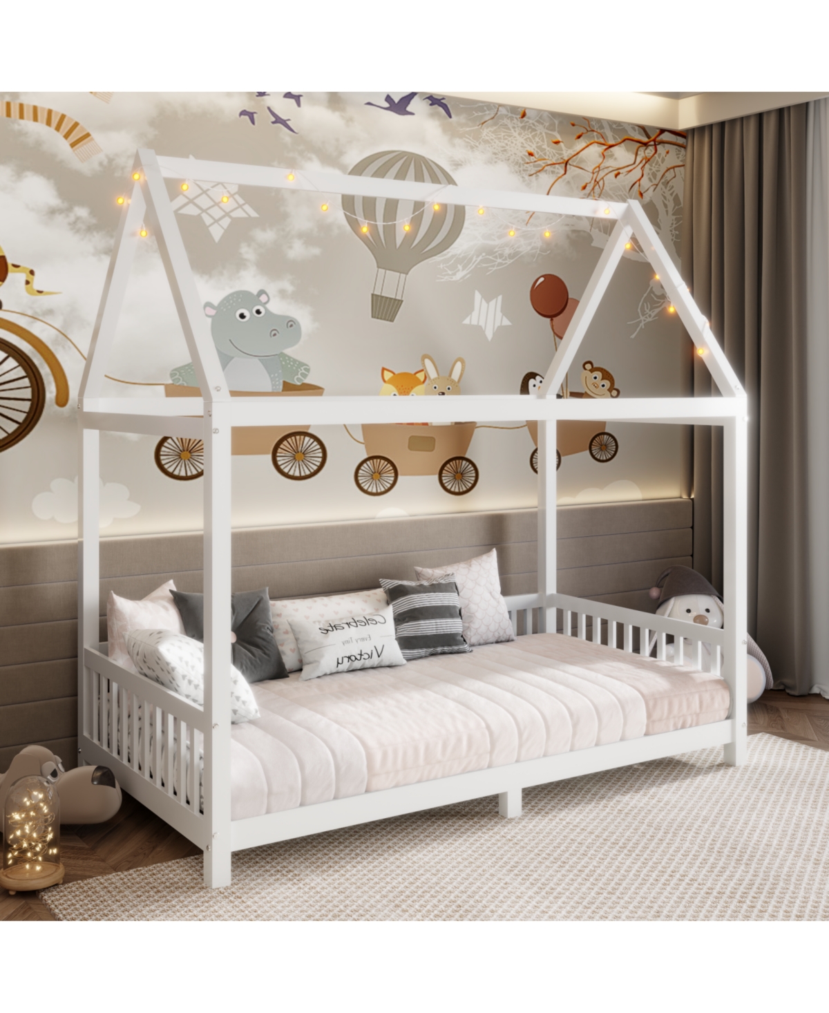 Streamdale Furniture Wood Twin Size House Bed with Guardrail and Led