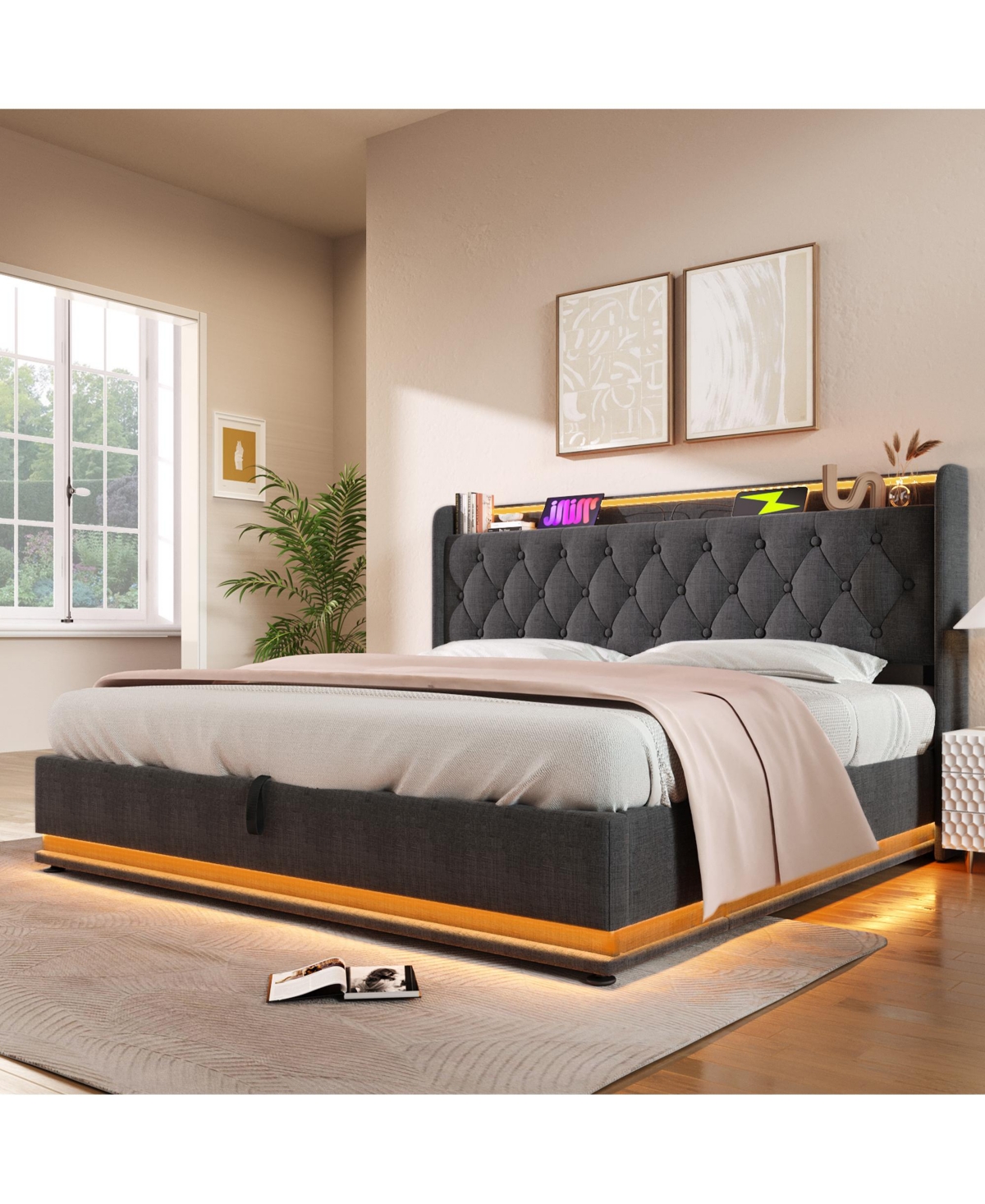 Streamdale Queen Upholstered Led Smart Bed with Storage