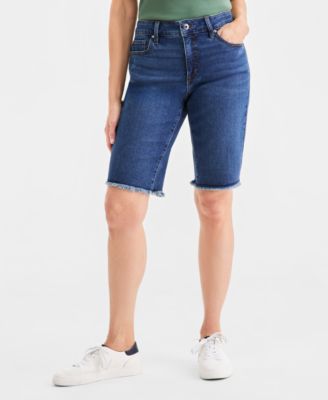 Women's Mid-Rise Raw-Edge Bermuda Jean Shorts