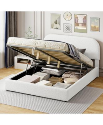 White Teddy Fleece Queen Platform Bed with Storage