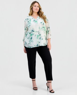 Plus Size Printed Swiss Dot Blouson-Sleeve Blouse
