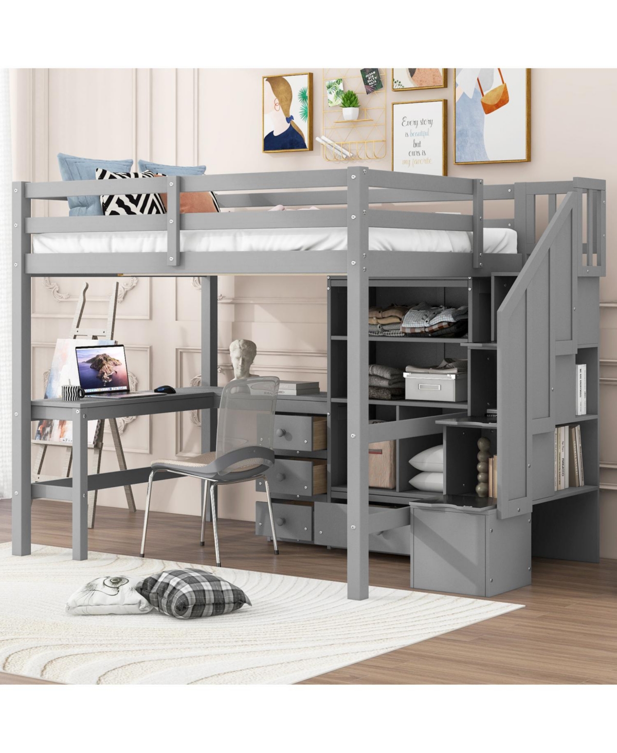 Streamdale Furniture Full Loft Bed with Desk, Drawers & Storage Staircase