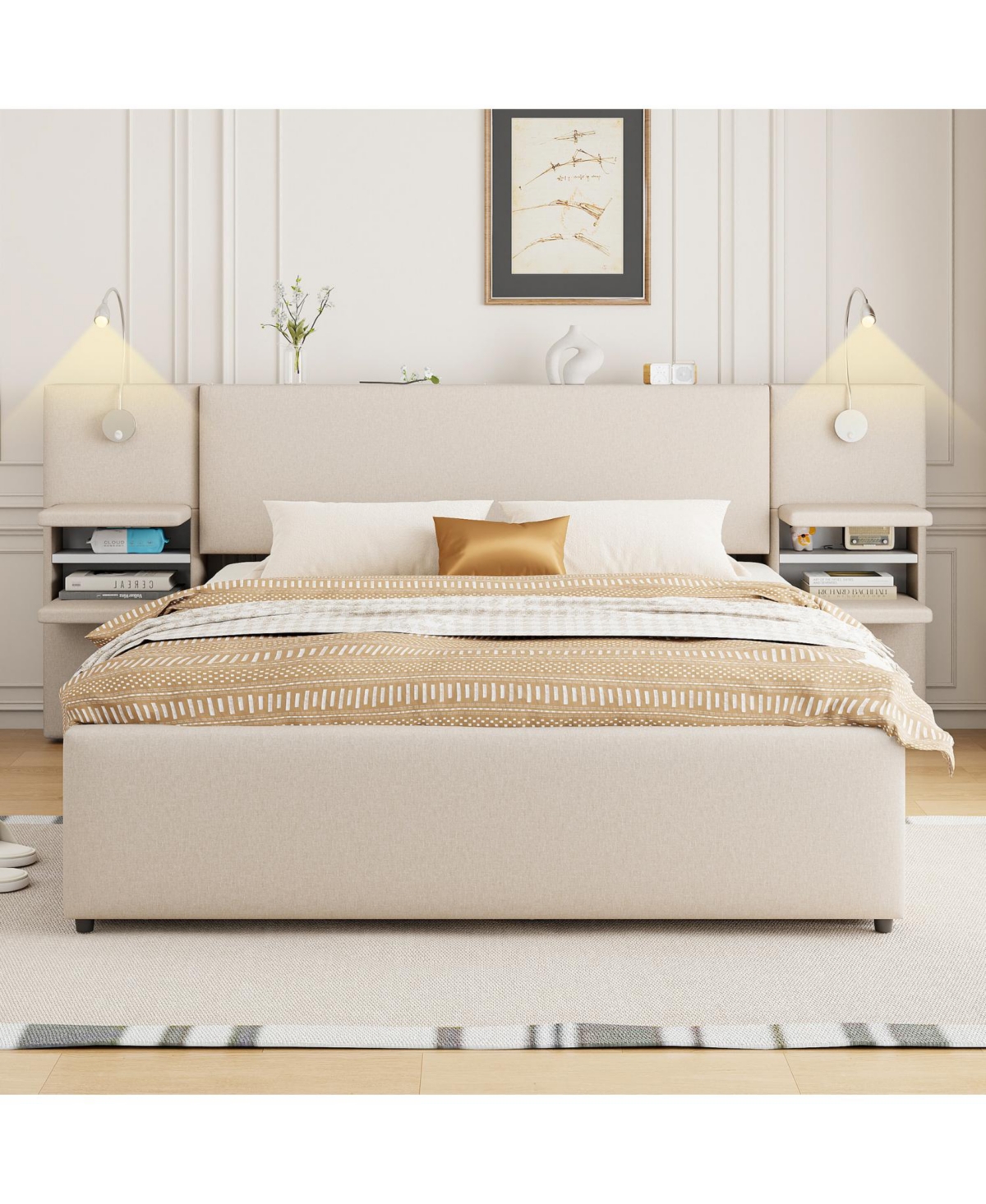 Streamdale Furniture Queen Upholstered Platform Bed w/ Lights, Drawers & Trundle