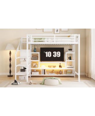  Full Size White Metal Loft Bed with Staircase & Wardrobe