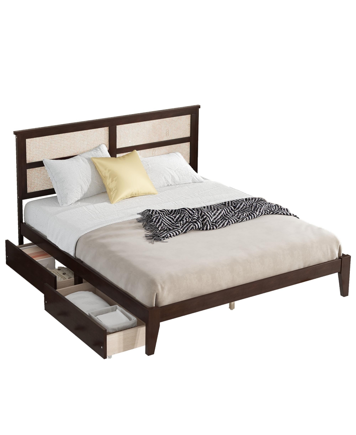 Streamdale Furniture King Bed Rattan Headboard, Storage Drawers, Espresso