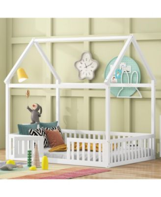 Full Size Wood House Bed with Fence and Door