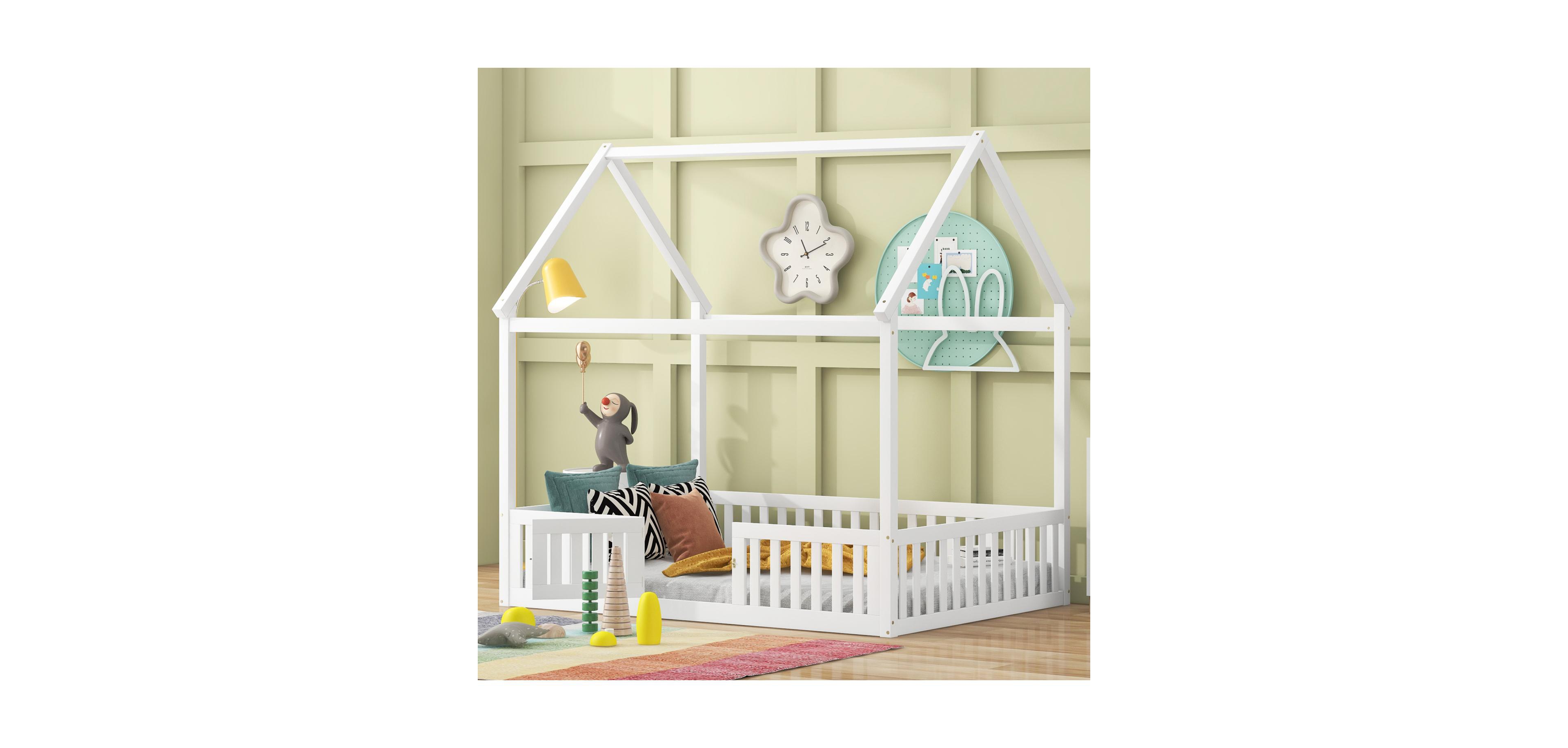 Streamdale Furniture Full Size Wood House Bed with Fence and Door