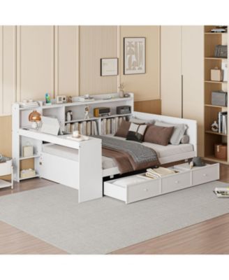 Full Size Wooden Daybed With 3 Drawers, USB Ports and desk