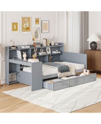 Twin Size Wooden Daybed With 3 Drawers, USB Ports and desk