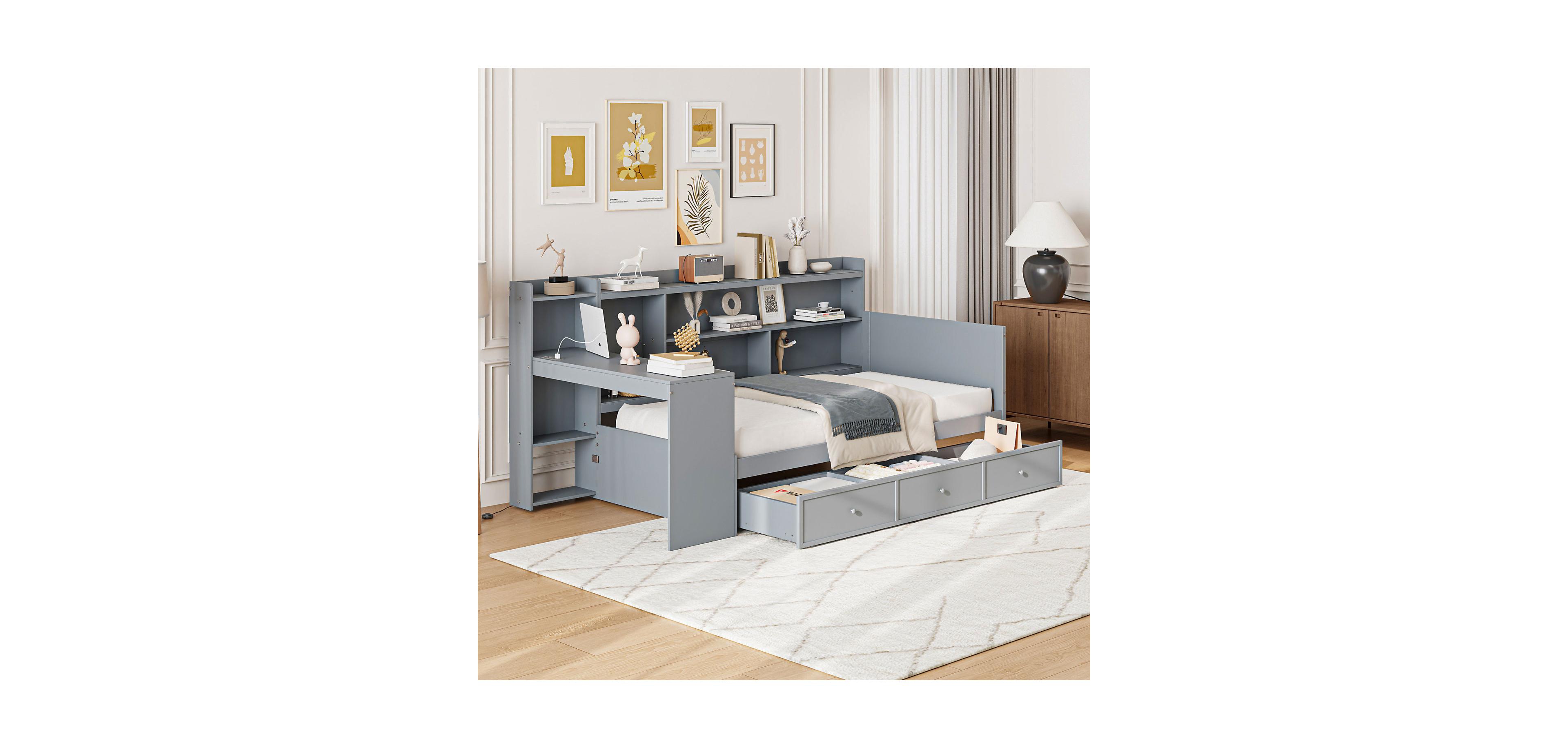 Streamdale Furniture Twin Size Wooden Daybed With 3 Drawers, Usb Ports and desk