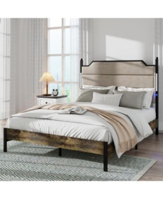 Queen Bed Frame with Headboard, Charging Station, and LED Lights