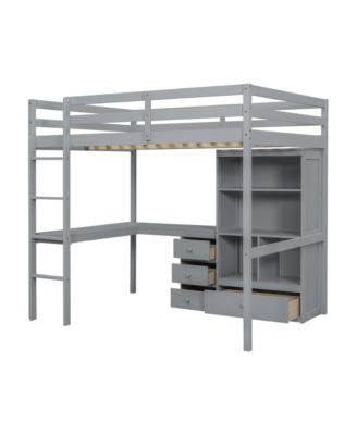 High Loft Bed with Desk, Storage, Ladder, Grey