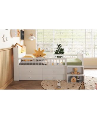 Streamdale Low Loft Bed with LED Lights, Wooden Twin Loft Bed with House Shape Headboard, Kids Loft Bed with Storage Drawers