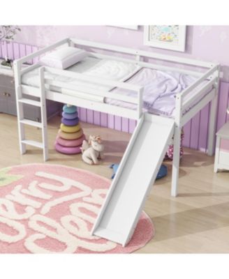 Twin Low Loft Bed with Slide, Ladder, Safety Guardrails, Rubber Wood Twin Loft Bed,White