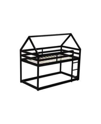 Twin over Twin Rubber Wood Floor Bunk Bed, with ladder,Guardrails,House-Shaped