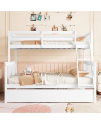 Twin Over Full Bunk Bed with Trundle, Ladder, Guardrail