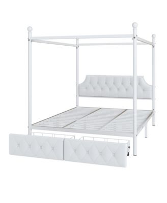 Queen Size Metal Canopy Platform Bed with Upholstered Headboard and Two Storage Drawers