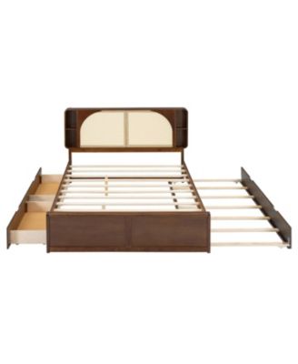 Queen Size Rattan Headboard Bed with Two Drawers and Trundle