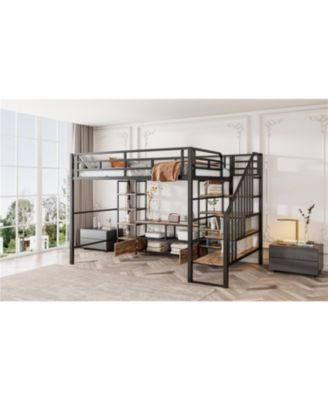 Full Size Metal Loft Bed with Staircase,Low Storage Table and Storage