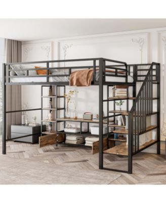 Full Size Metal Loft Bed with Staircase,Low Storage Table and Storage