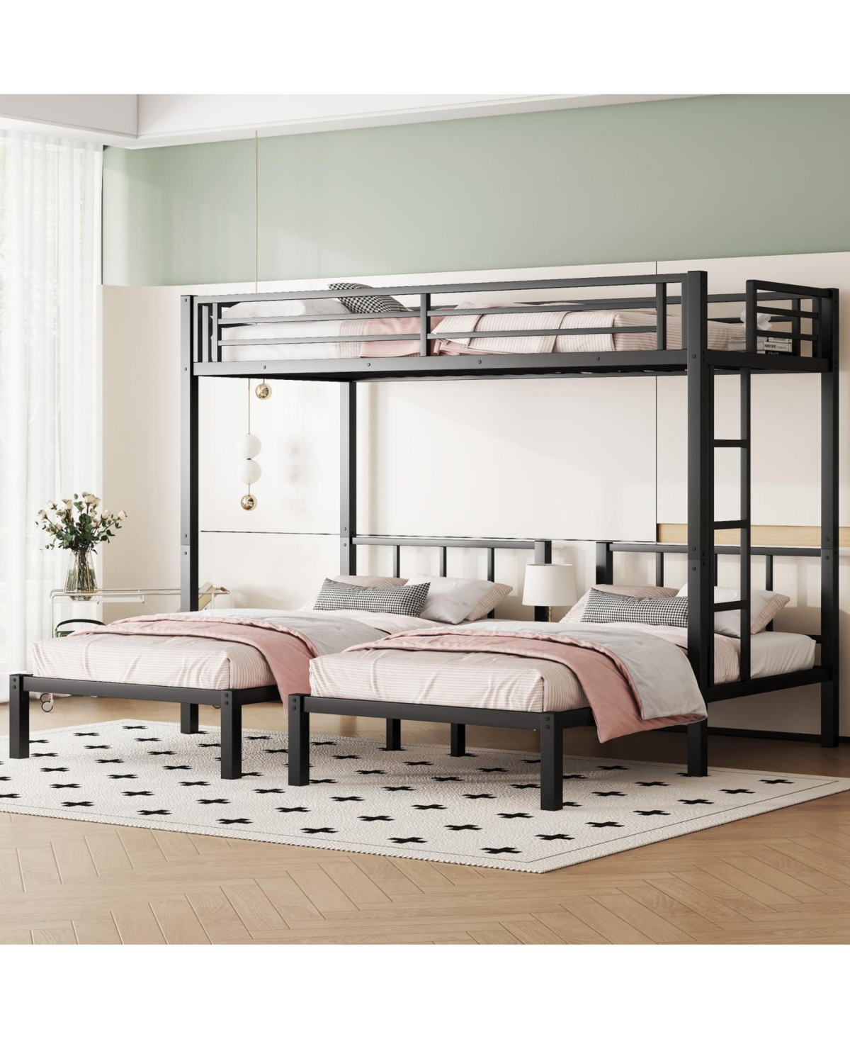 Streamdale Furniture Twin over Twin & Twin Bunk Beds for 3, Twin Xl over Twin & Twin Bunk Bed Metal Triple Bunk Bed, Black