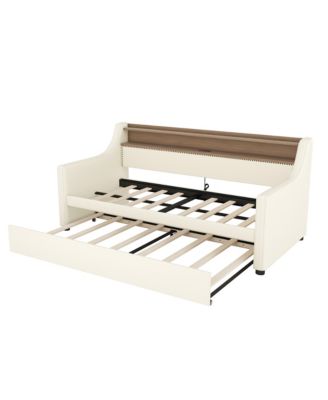 Twin Size Daybed with Trundle, Upholstered Daybed with Charging Station and LED Lights
