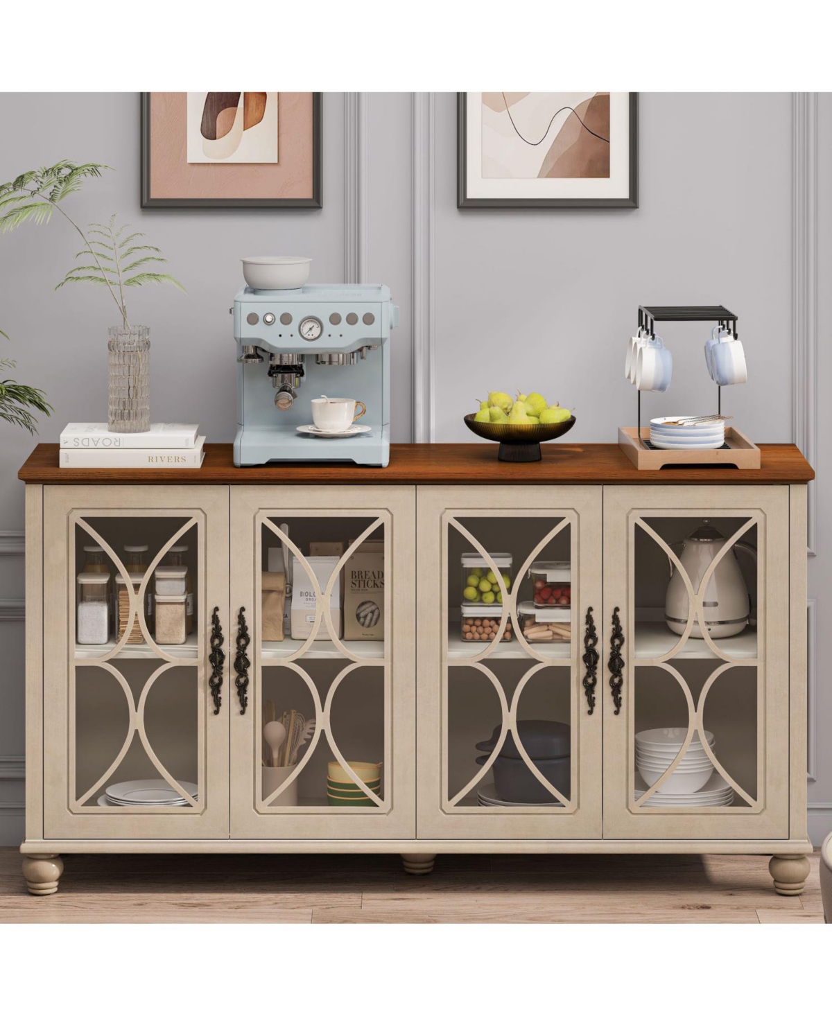 Streamdale Furniture Streamdale Antique European 4-Door Cabinet with Tempered Glass, for Various Rooms