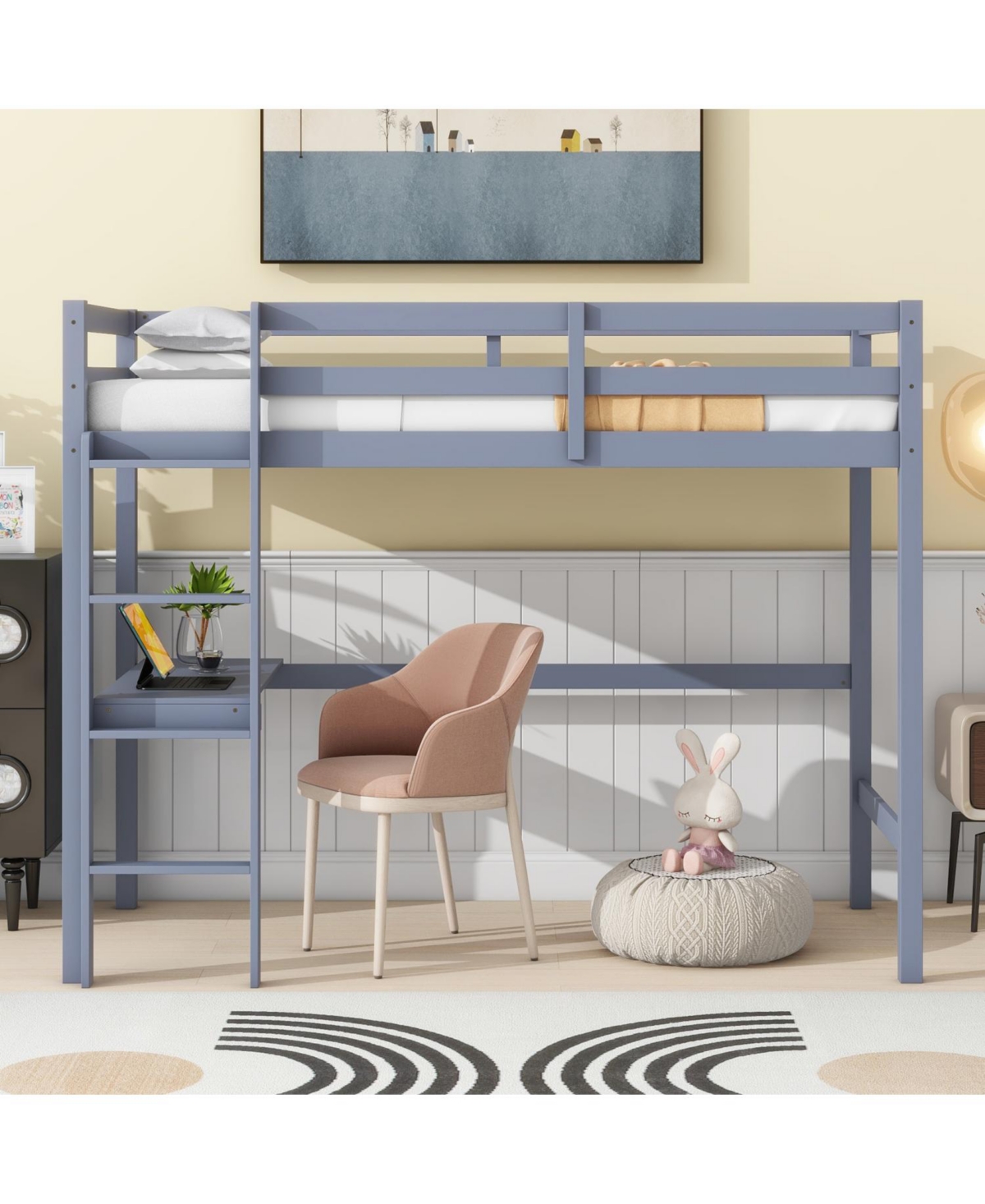 Streamdale Furniture Twin High Loft Bed, Rubber Wood Loft Bed with Safety Guardrail, built-in desk, ladder,Grey