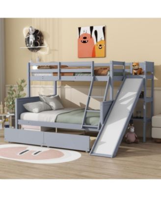 Twin over Full Bunk Bed with 2 Drawers, Slide, Shelves, Ladder, Rubber Wood Bunk Bed with Slide, Drawers