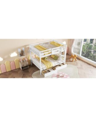 Full Rubber Wood Bunk Bed with Two Drawers, Convertible into 2 Beds
