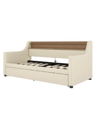 Twin Size Daybed with Trundle, Upholstered Daybed with Charging Station and LED Lights