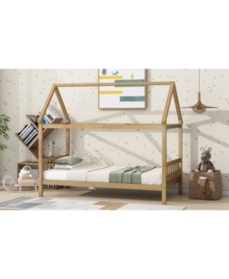  Twin House Bed with Headboard and Footboard, Twin Rubber Wood Bed with House Frame,White OAK