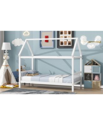 Twin House Bed with Headboard and Footboard, Twin Rubber Wood Bed with House Frame