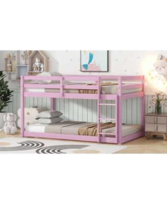 Solid Wooden, Solid Rubber Wooden Twin over Twin Loft Bed with Ladder, with Bed Platform of Strengthened Slats, Pink