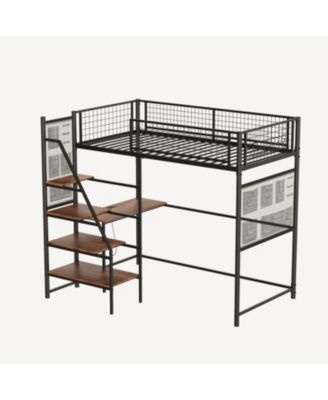 Twin sized loft metal bed with black for bedroom and dormitory, with built-in charging station and LED lighting