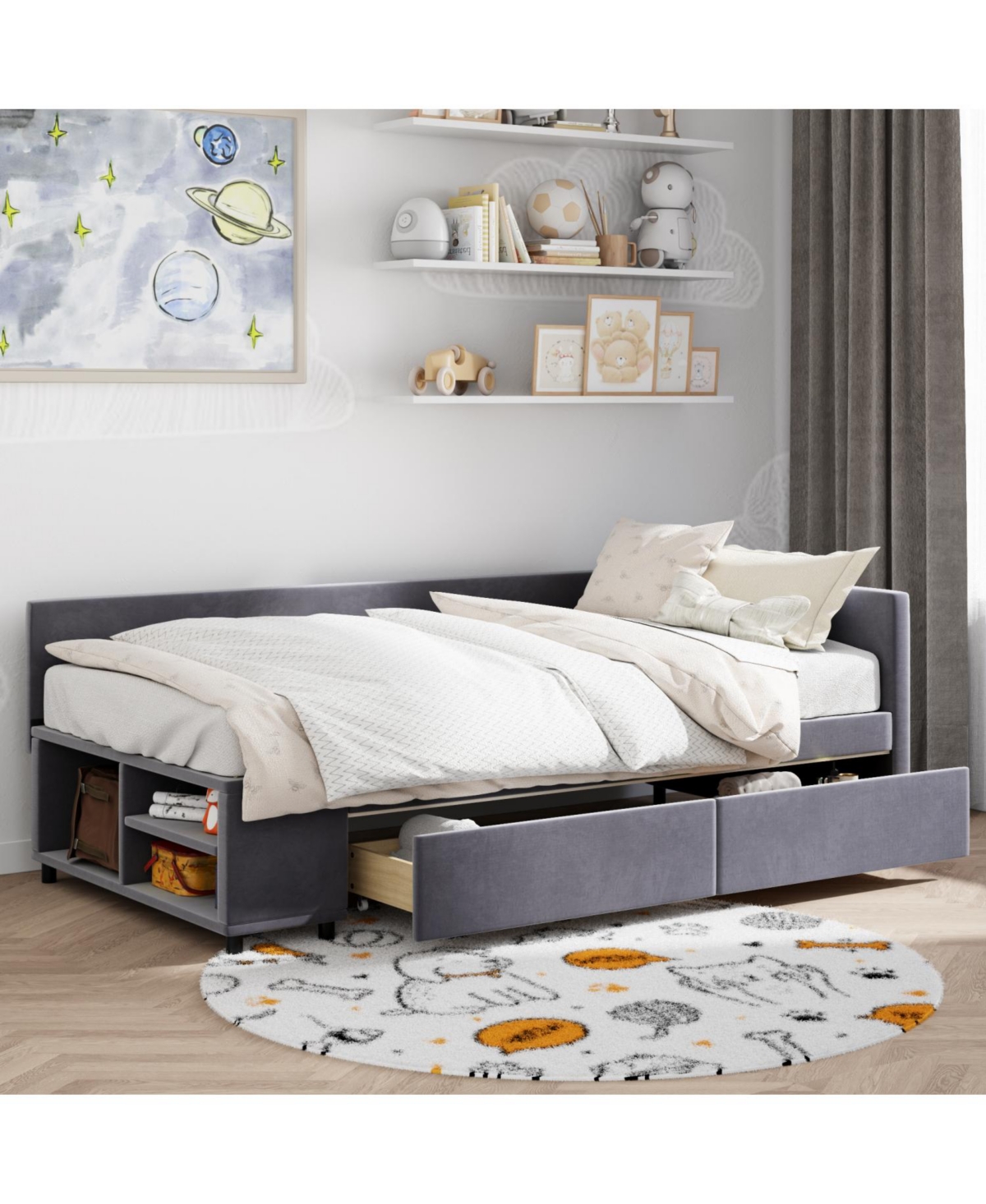 Streamdale Furniture Twin size L-Shaped Upholstered Platform Bed with Storage and Drawers