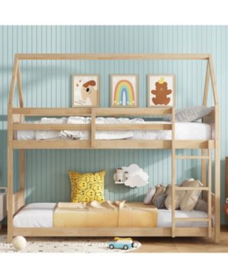 Twin Over Twin Bunk Bed with Headboards and Safety Guardrails