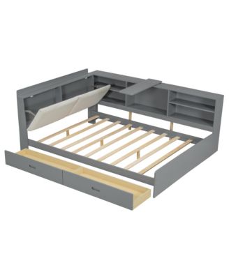 Wood Full Size platform bed with Storage Headboard, Shelves and 2 Drawers