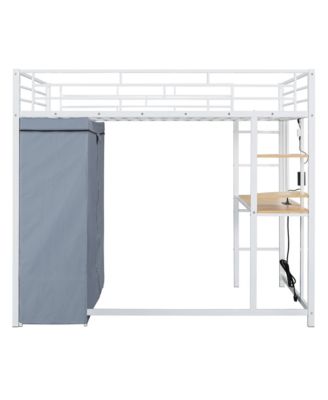 Full Size Loft Metal Bed with Desk,Shelves,Power Outlet,LED Light and Wardrobe
