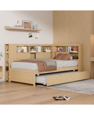 Twin Size Wood Daybed with Storage Shelves, USB and Trundle