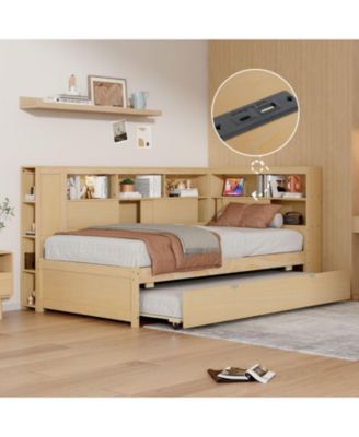 Twin Size Wood Daybed with Storage Shelves, USB and Trundle