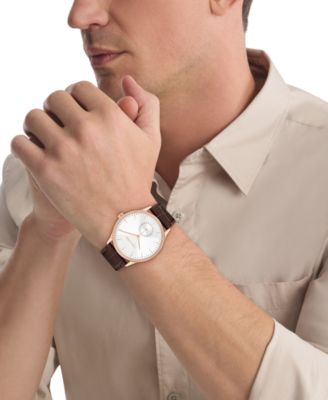 Men's Tailored Dark Brown Leather Strap Watch, 42mm