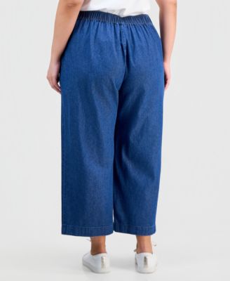 Plus Size Cotton Mid-Rise Pull-On Chambray Pants 