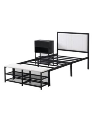 Twin size Metal Platform Bed with Two-Tier Storage Shelves, Wooden Storage Cabinet