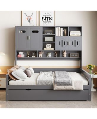 Full Size Wooden Daybed with Twin Size Trundle, and All-in-One Cabinet and Shelf.