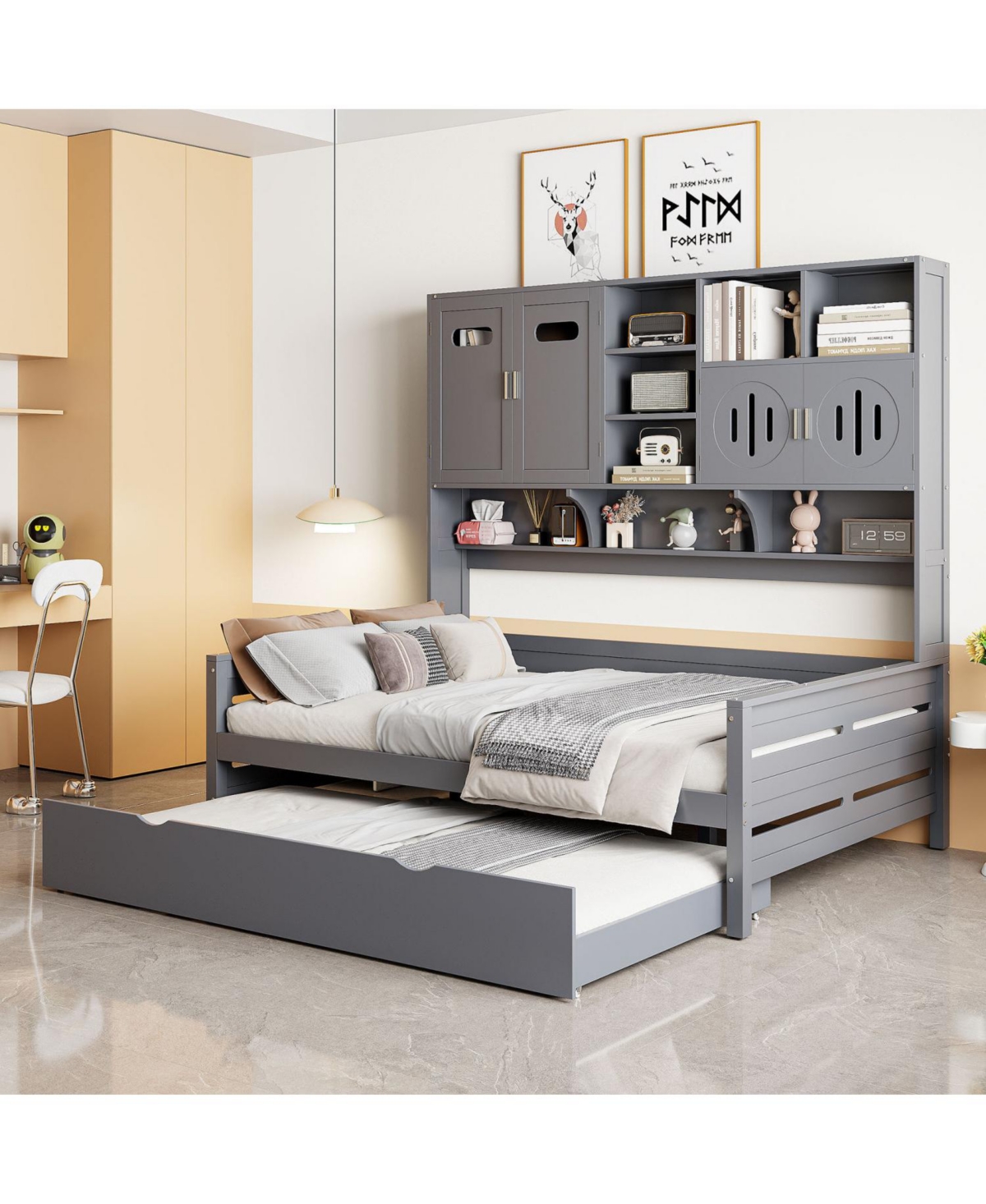 Streamdale Furniture Full Size Wooden Daybed with Twin Size Trundle, and All-in-One Cabinet and Shelf.