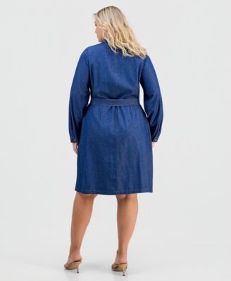 Plus Size Cotton Tie-Waist Chambray Dress