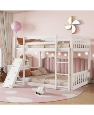 Twin Over Twin Floor Bunk Bed, Playhouse Floor Bunk Bed with Climbing Ramp, Ladder, Safety Guardrails,White